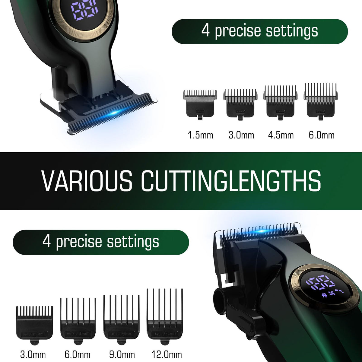 BILLAR trimmer green with four guide combs for precise beard shaping.
