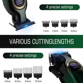 BILLAR trimmer green with four guide combs for precise beard shaping.