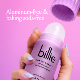Applied Billie AHA Deodorant Lavender Milk glide for smooth underarm use.