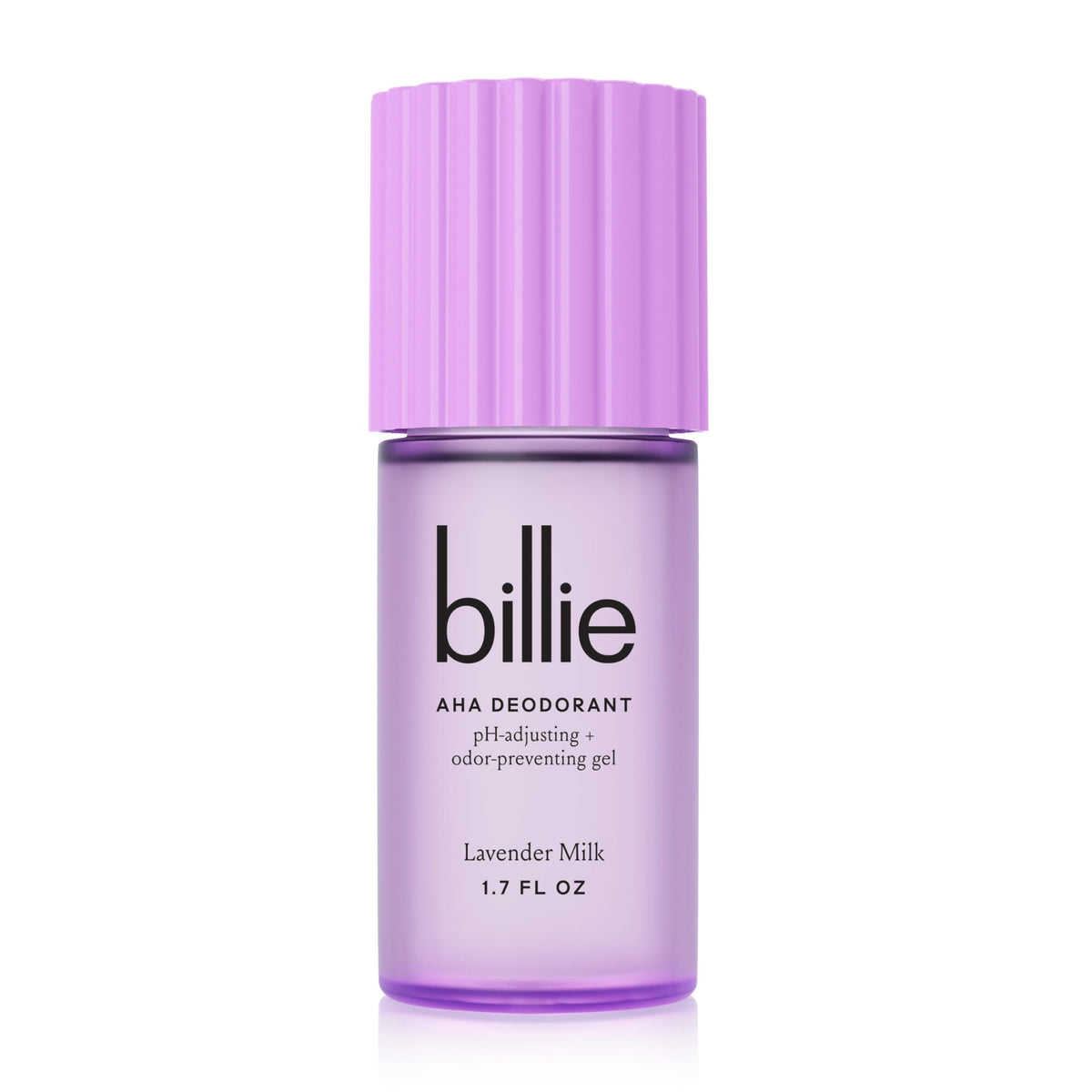 Billie AHA Deodorant Lavender Milk bottle shows odor-prevention in a lightweight gel.