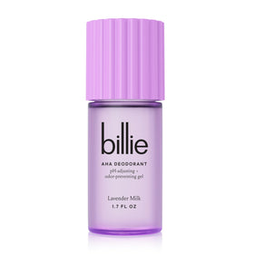 Billie AHA Deodorant Lavender Milk bottle shows odor-prevention in a lightweight gel.