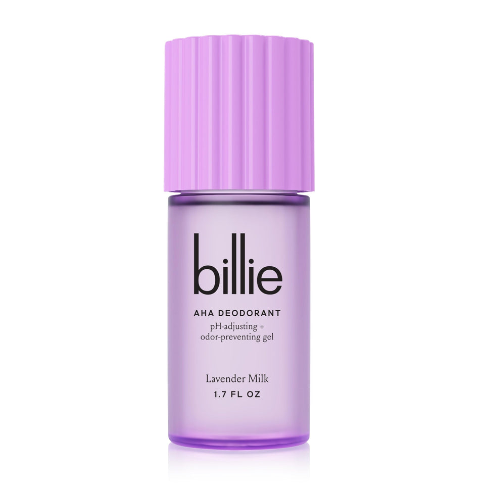 Billie AHA Deodorant Lavender Milk bottle shows odor-prevention in a lightweight gel.