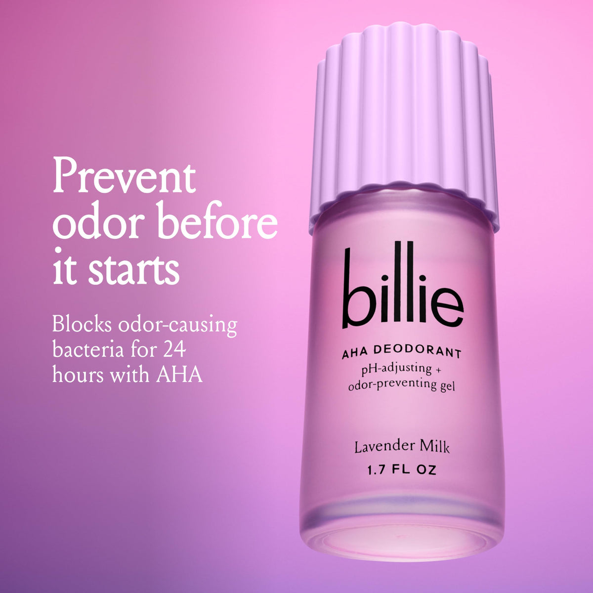 Close-up of Billie AHA Deodorant Lavender Milk gel texture highlighting quick-dry finish.