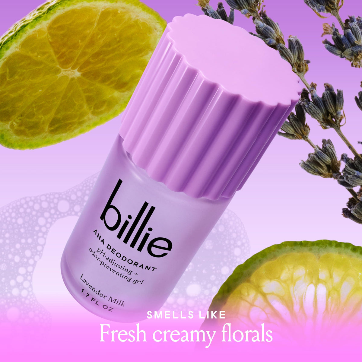 Lavender Bloom visuals with Billie AHA Deodorant to evoke natural soothing vibes.