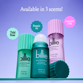 Packaging box for Billie AHA Deodorant Lavender Milk emphasizing vegan and aluminum-free design.