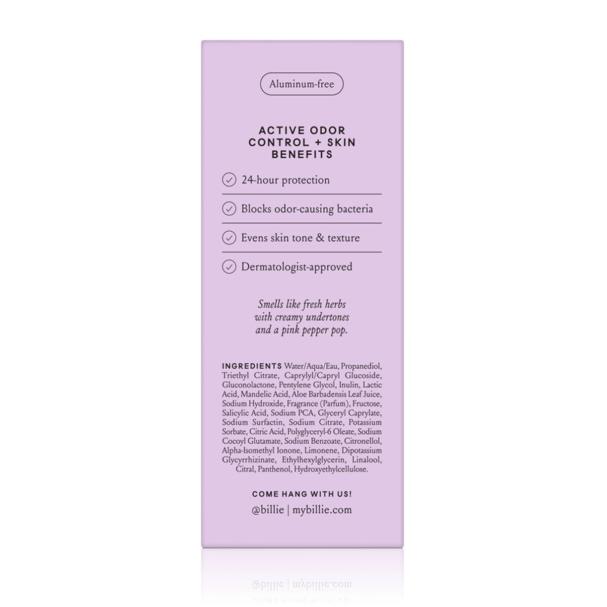 Underarm application scene with Billie AHA Deodorant Lavender Milk in use.