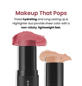 Billion Dollar Brows dual-stick in application view blending blush and highlighter for seamless radiance.