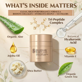 Jars of Billionaire Beauty Labs peptide cream show texture and packaging