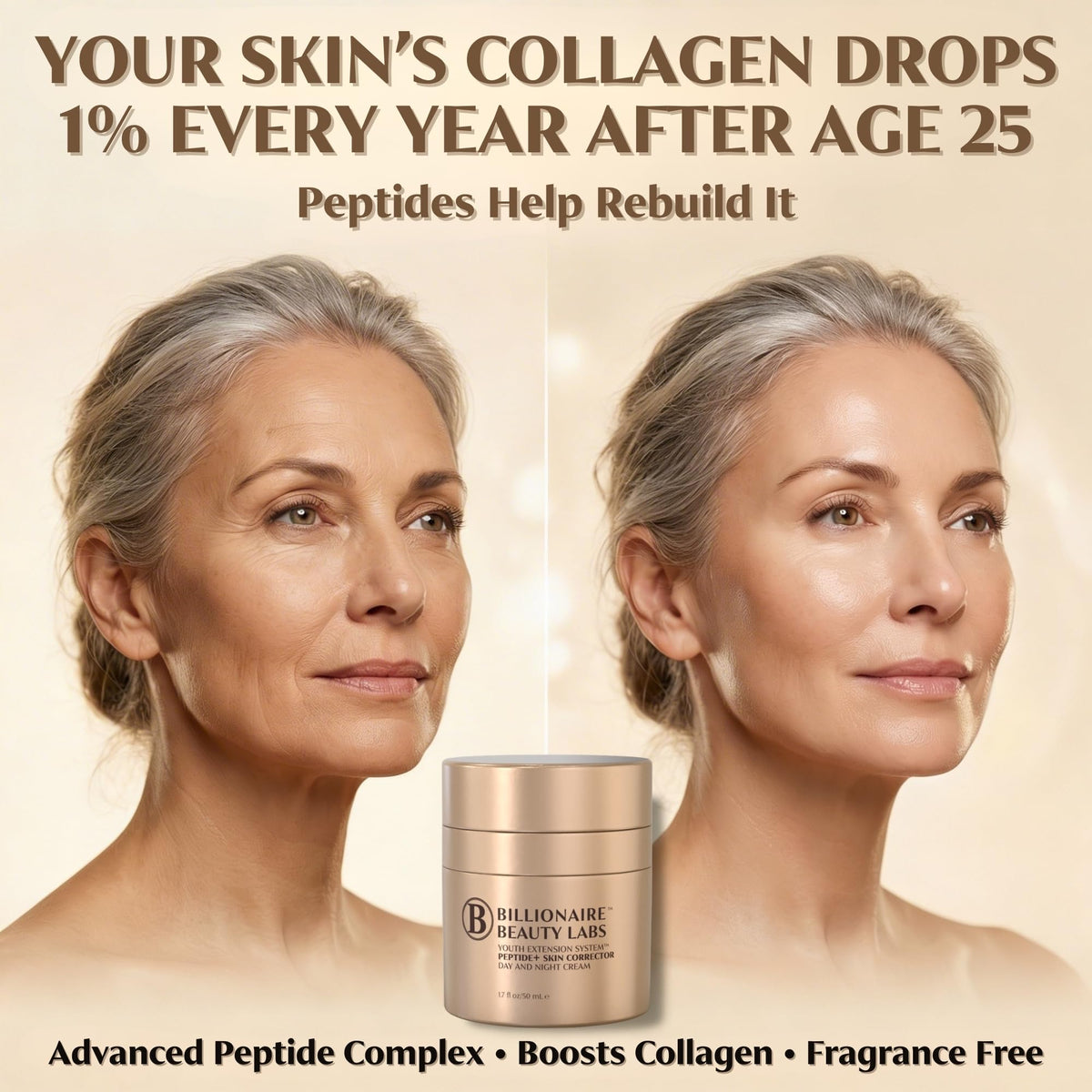 Close-up texture of Billionaire Beauty Labs peptide cream showing lightweight hydration
