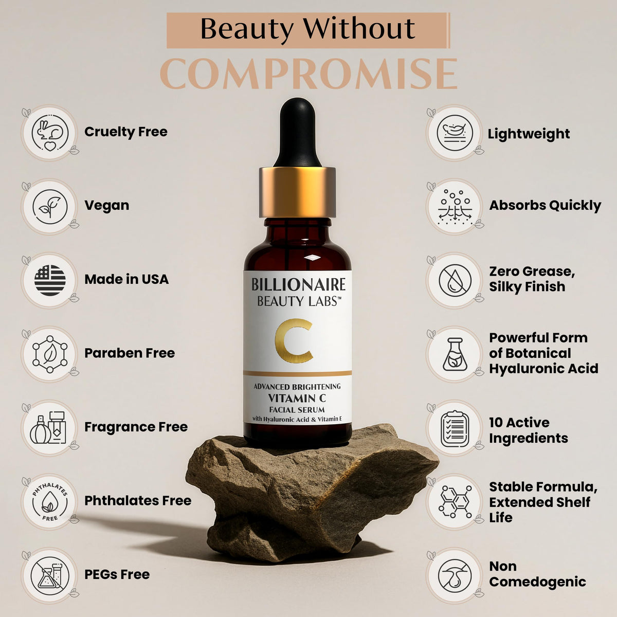 Person applying Billionaire Beauty Labs serum on skin suggests a daily brightening ritual.