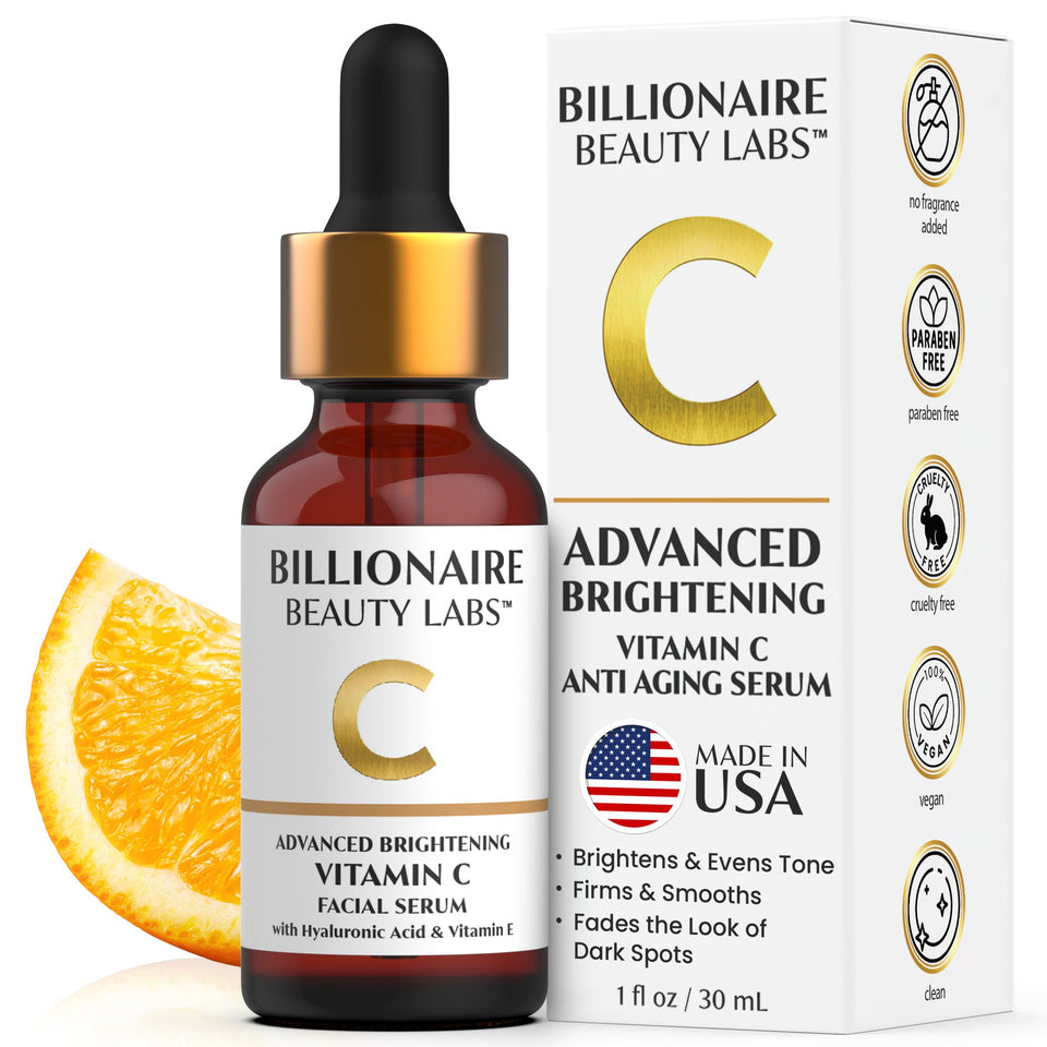 Billionaire Beauty Labs Vitamin C Serum bottle glows with radiant brightness for the complexion.