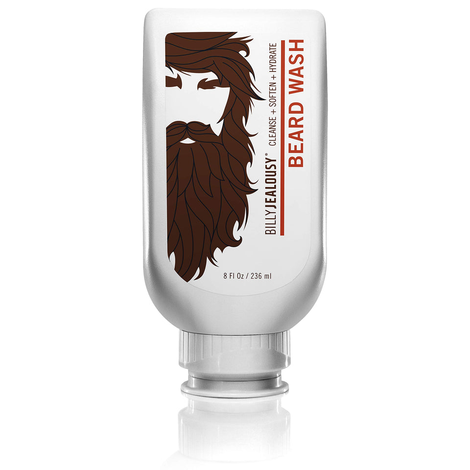 Billy Jealousy beard wash bottle on display for clean, softened beard