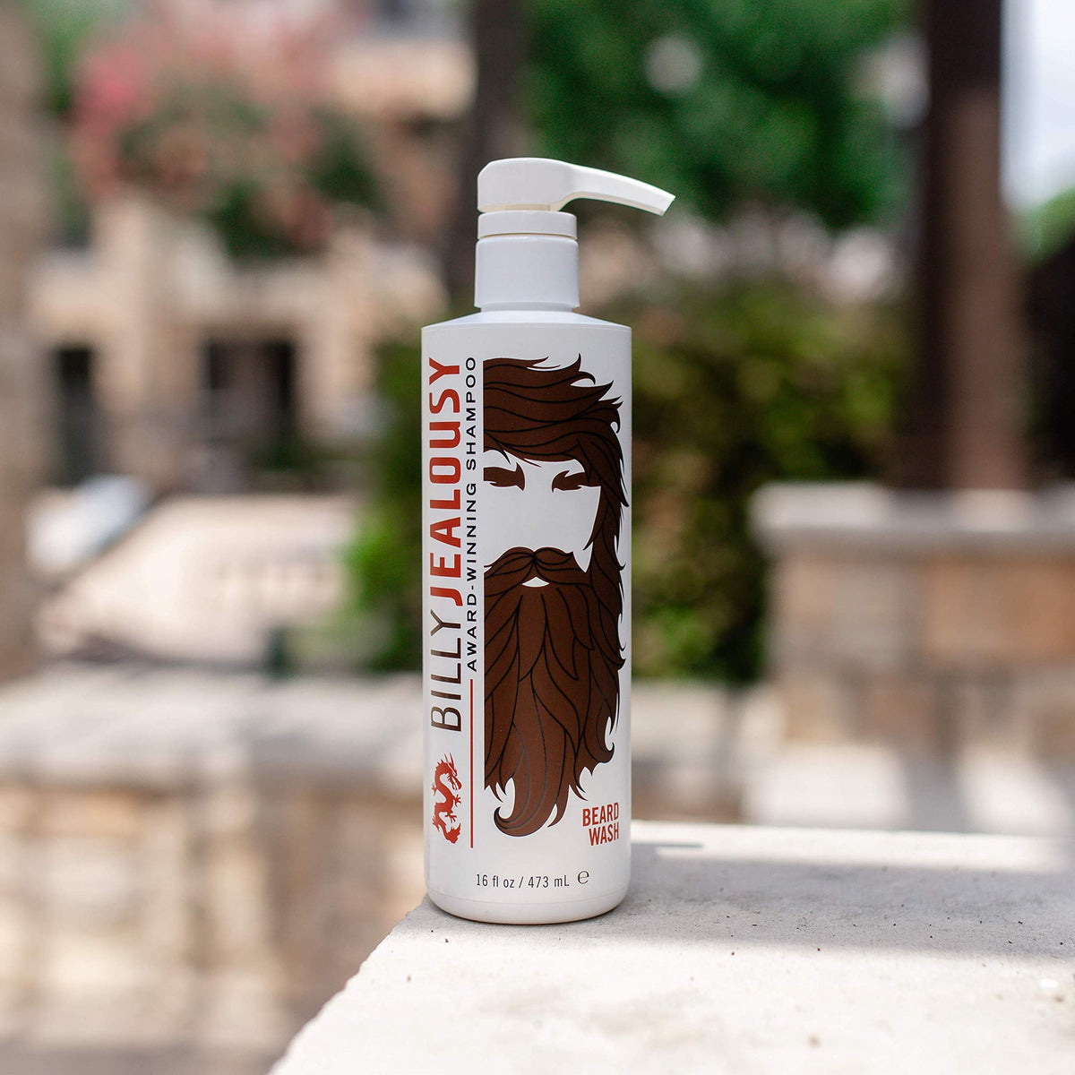 Billy Jealousy Beard Wash bottle featuring green tea extract for healthier follicles.