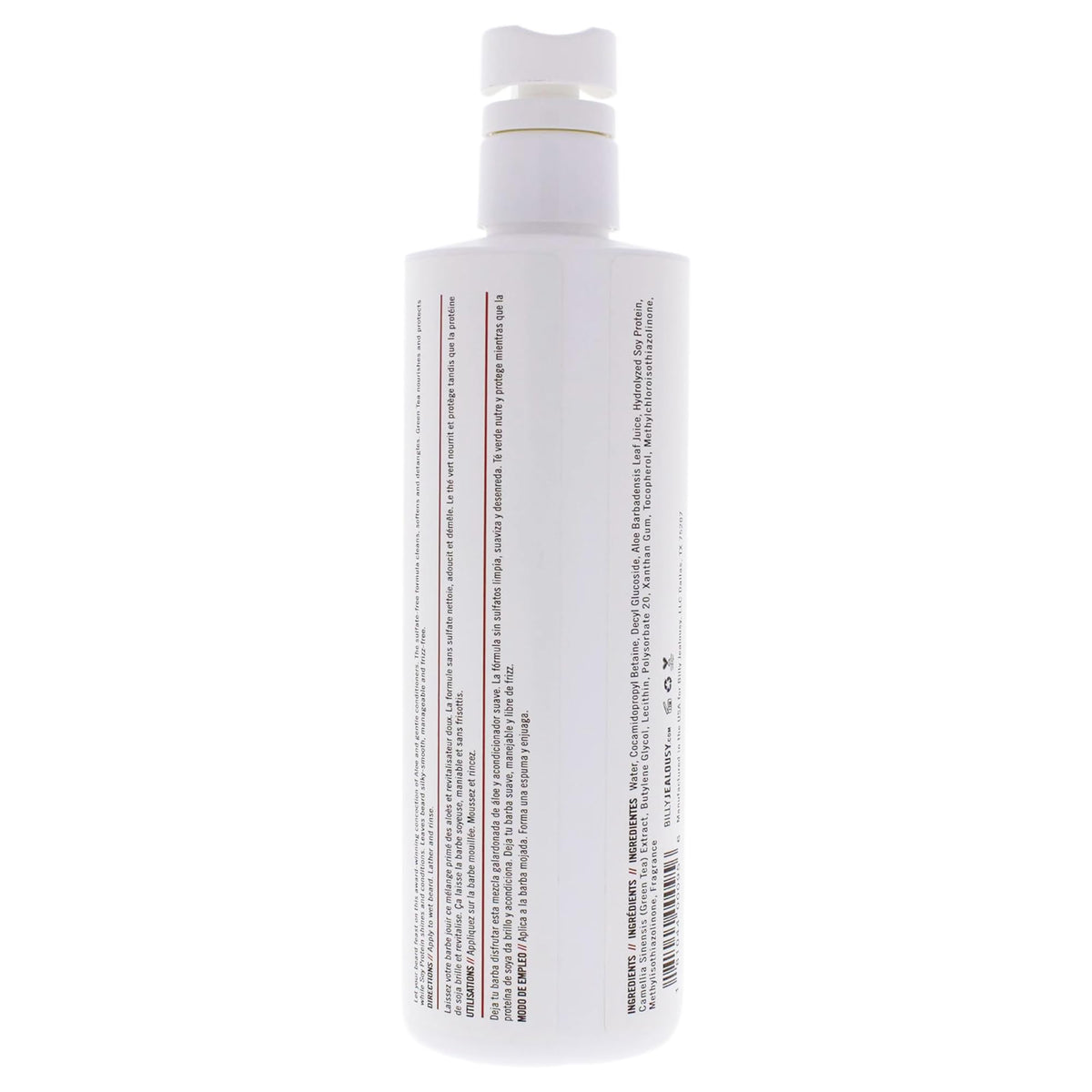 Billy Jealousy Beard Wash ingredients highlight aloe and green tea for hydration.