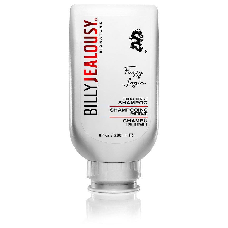 Billy Jealousy Fuzzy Logic strengthening shampoo bottle highlights peppermint formula for fuller hair.