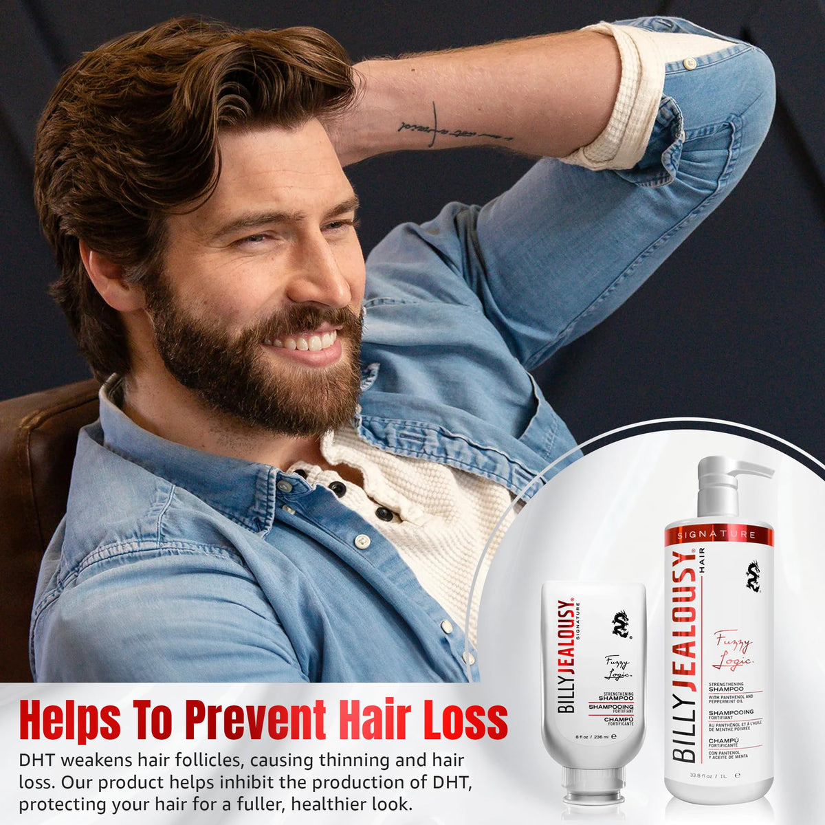 Billy Jealousy Fuzzy Logic scalp-stimulation close-up suggests improved circulation and growth support.