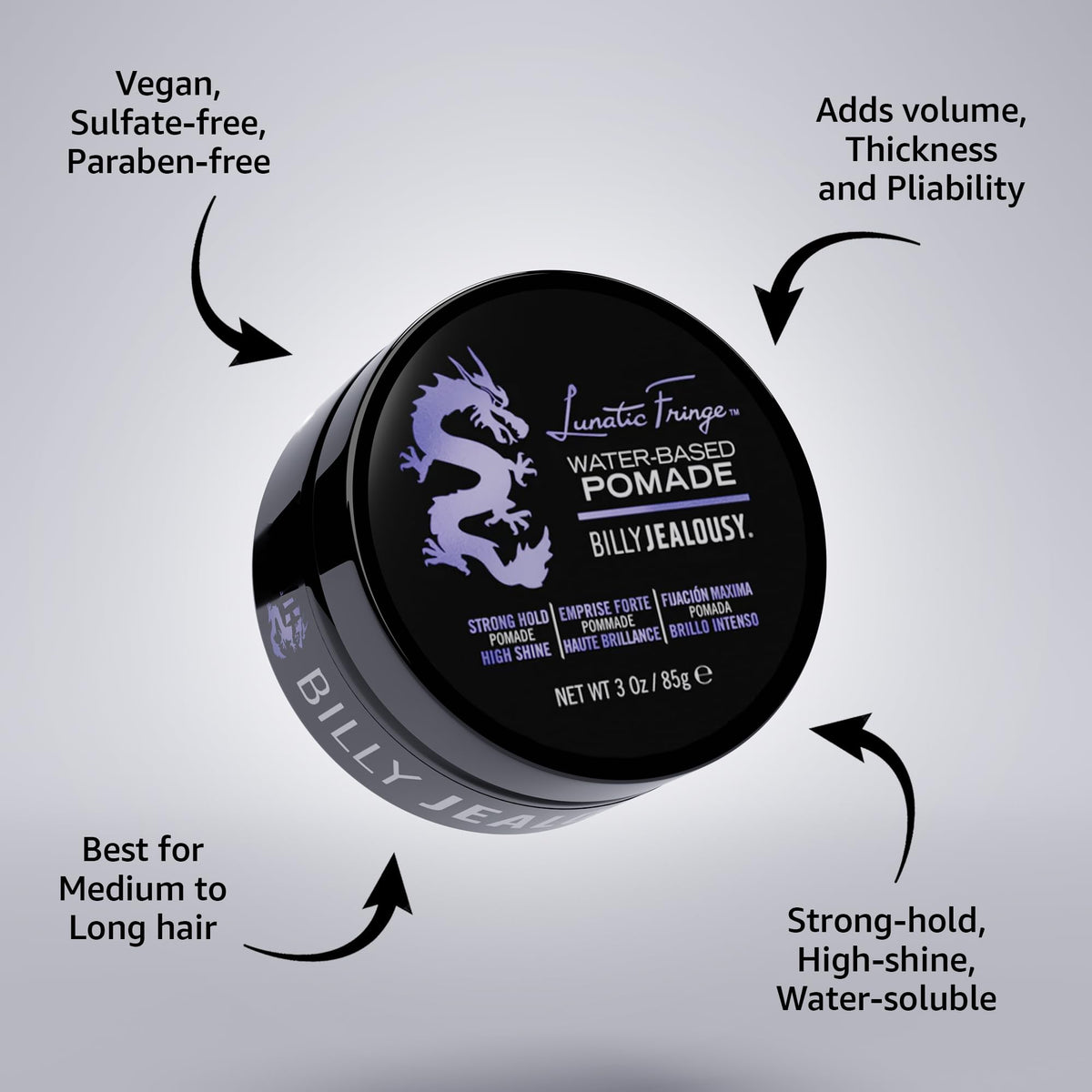 Billy Jealousy Lunatic Fringe high-shine finish on well-groomed hair.