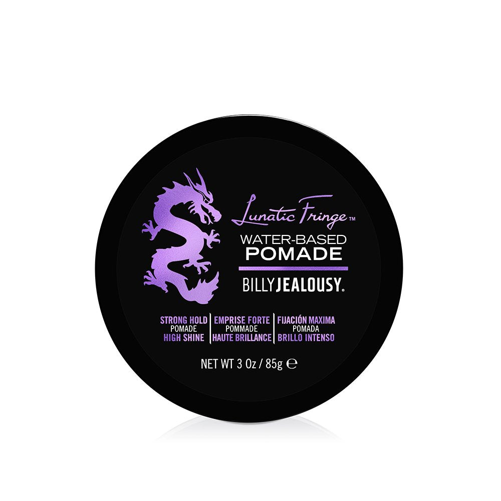 Billy Jealousy Lunatic Fringe pomade jar closeup for strong hold and shine.