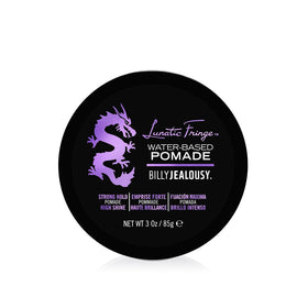 Billy Jealousy Lunatic Fringe pomade jar closeup for strong hold and shine.
