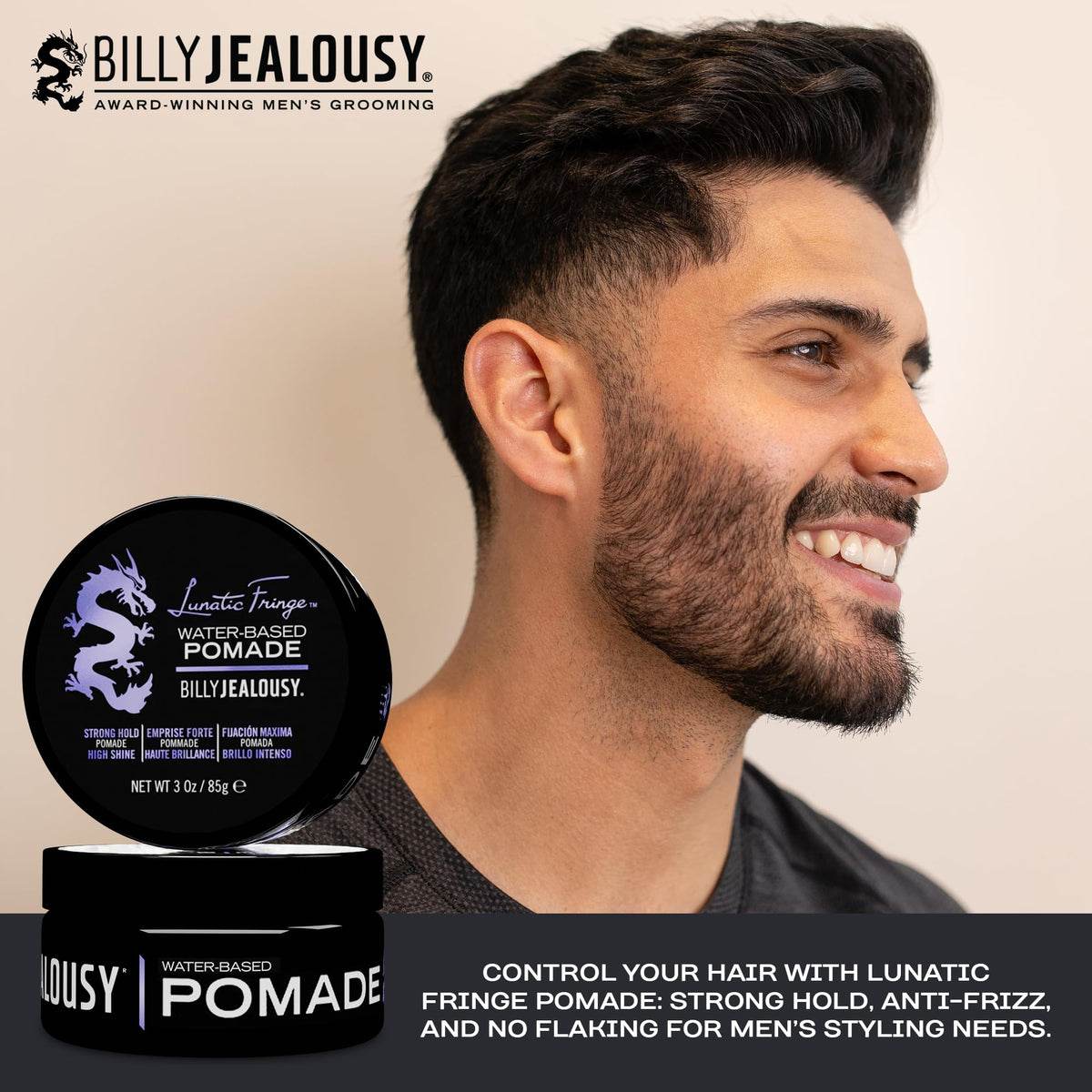 Billy Jealousy Lunatic Fringe pompadour-style hair using the pomade.