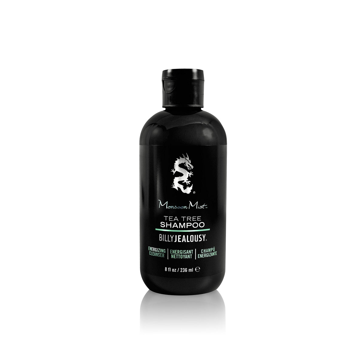 Billy Jealousy Monsoon Mist bottle of Tea Tree Shampoo showing refreshing formula for energized hair