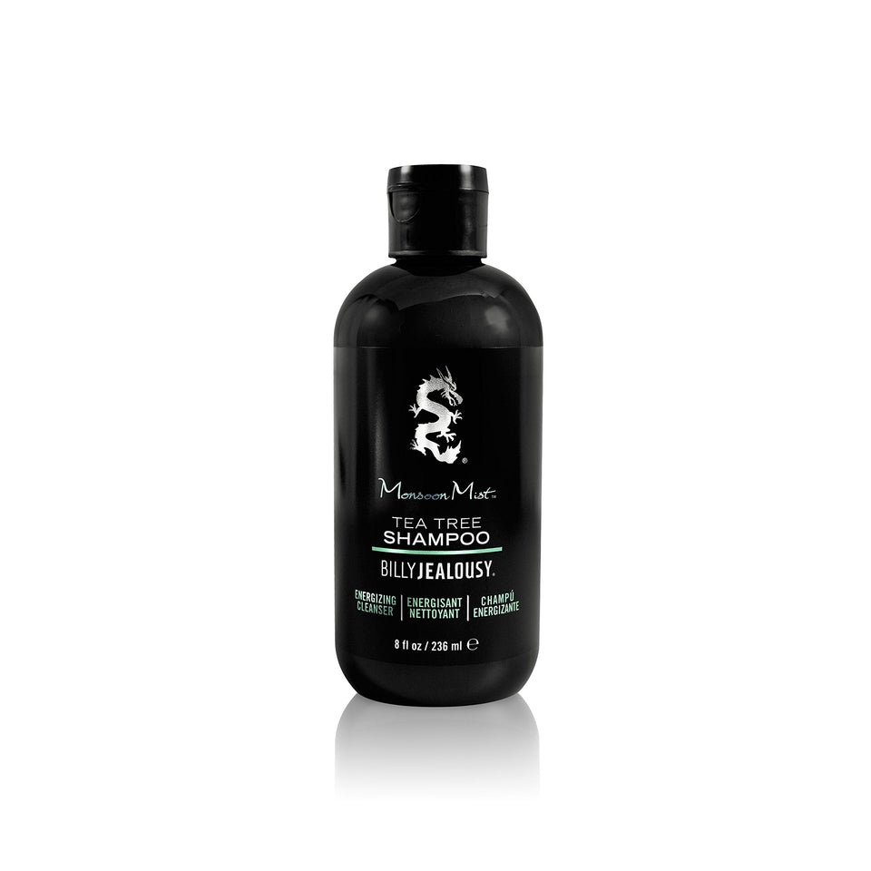 Billy Jealousy Monsoon Mist bottle of Tea Tree Shampoo showing refreshing formula for energized hair