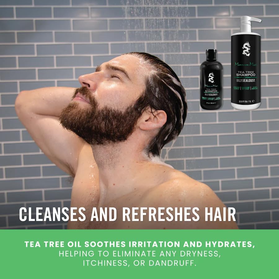 Color-safe Billy Jealousy Monsoon Mist Tea Tree Shampoo packaging