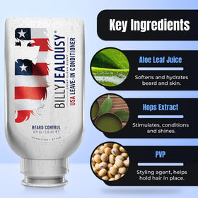 Billy Jealousy Beard Control label highlights aloe and jojoba for conditioning without weighing hair