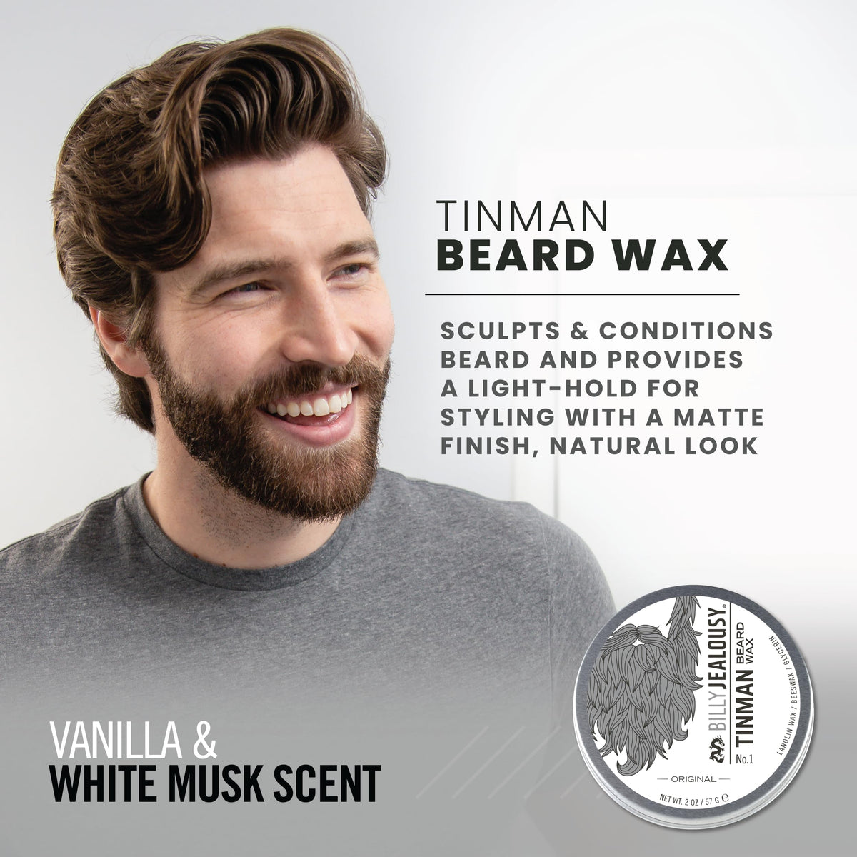 Billy Jealousy TinMan Beard Wax jar close-up with matte finish