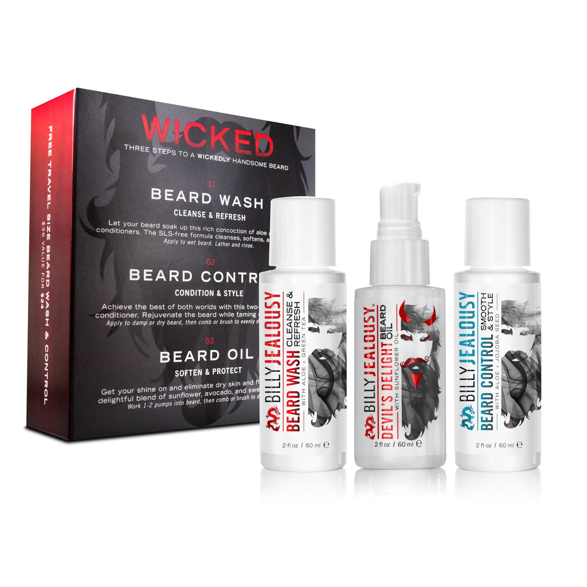 Billy Jealousy Wicked Beard Trio Kit Beard Wash cleanses and refreshes facial hair.