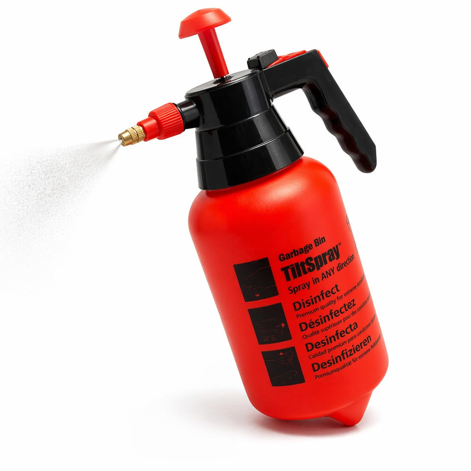 BinClaw TiltSpray 32oz bottle spraying upside-down for hard-to-reach areas.