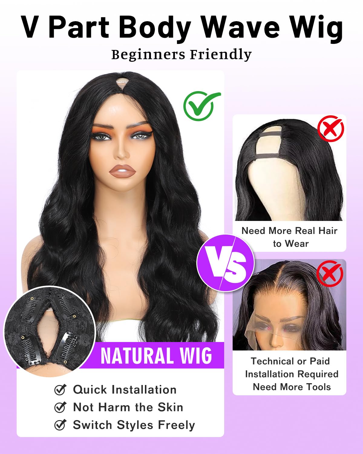 BINF V Part Wig glueless clip-in design for hassle-free styling