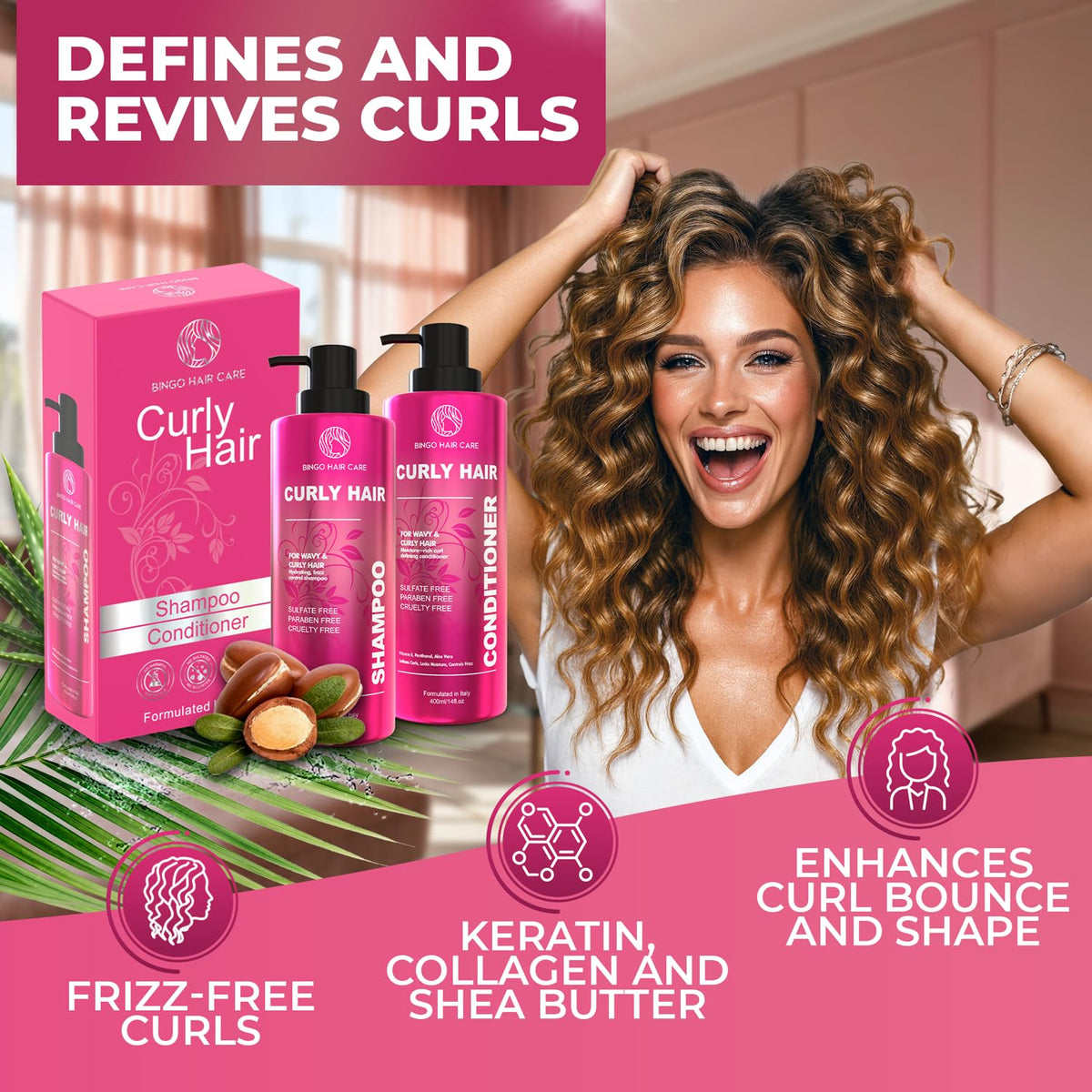 Bingo Hair Care curly conditioner bottle highlighting deep moisture for soft, bouncy curls.