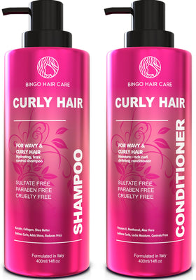Bingo Hair Care curly shampoo bottle showing sulfate-free hydration for defined curls.