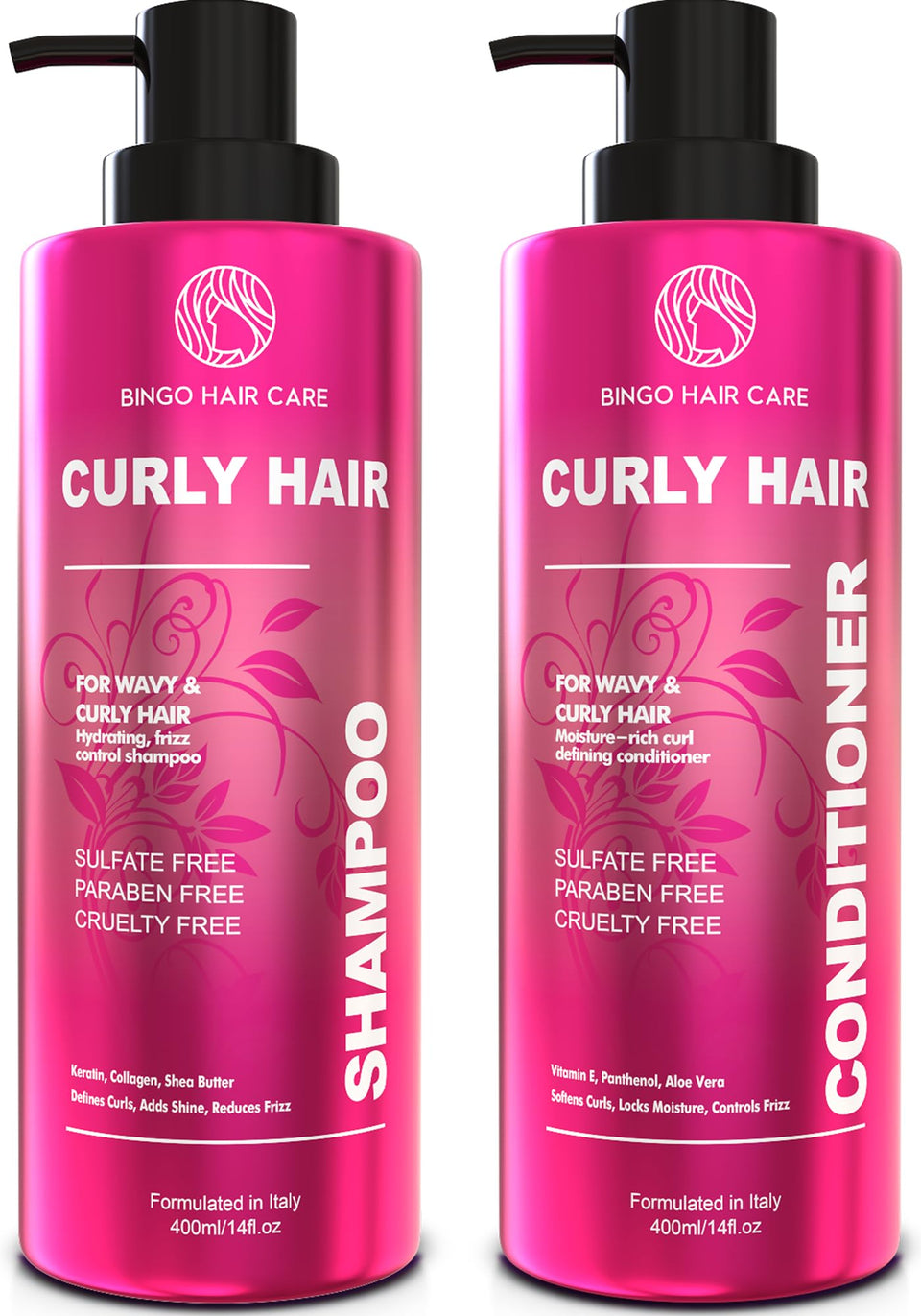 Bingo Hair Care curly shampoo bottle showing sulfate-free hydration for defined curls.