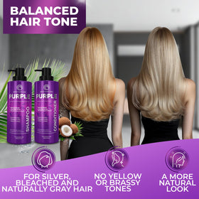 BINGO Hair Care purple conditioner bottle balanced brassy silver and gray tones.