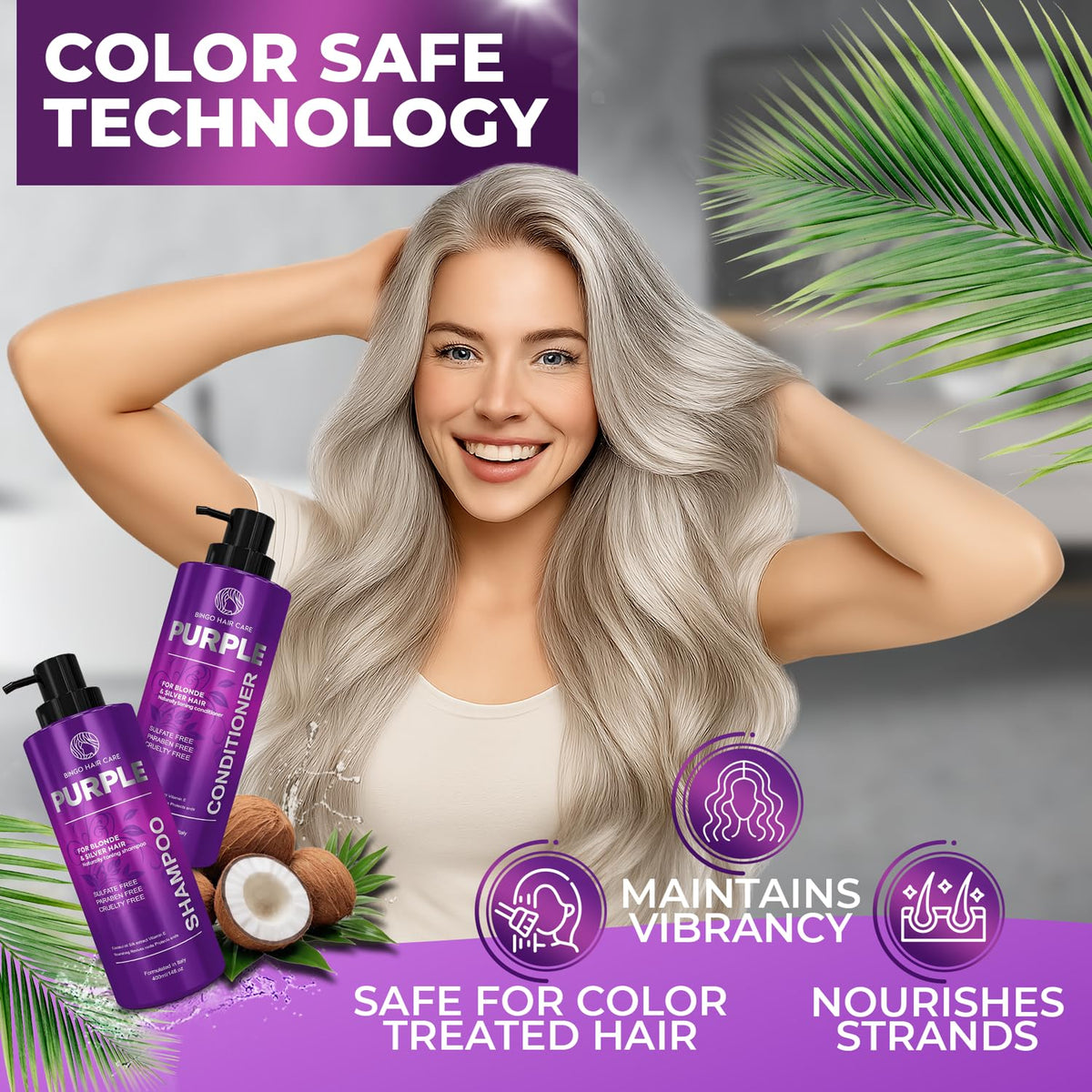 BINGO Hair Care purple shampoo and conditioner set on display for at-home toning.