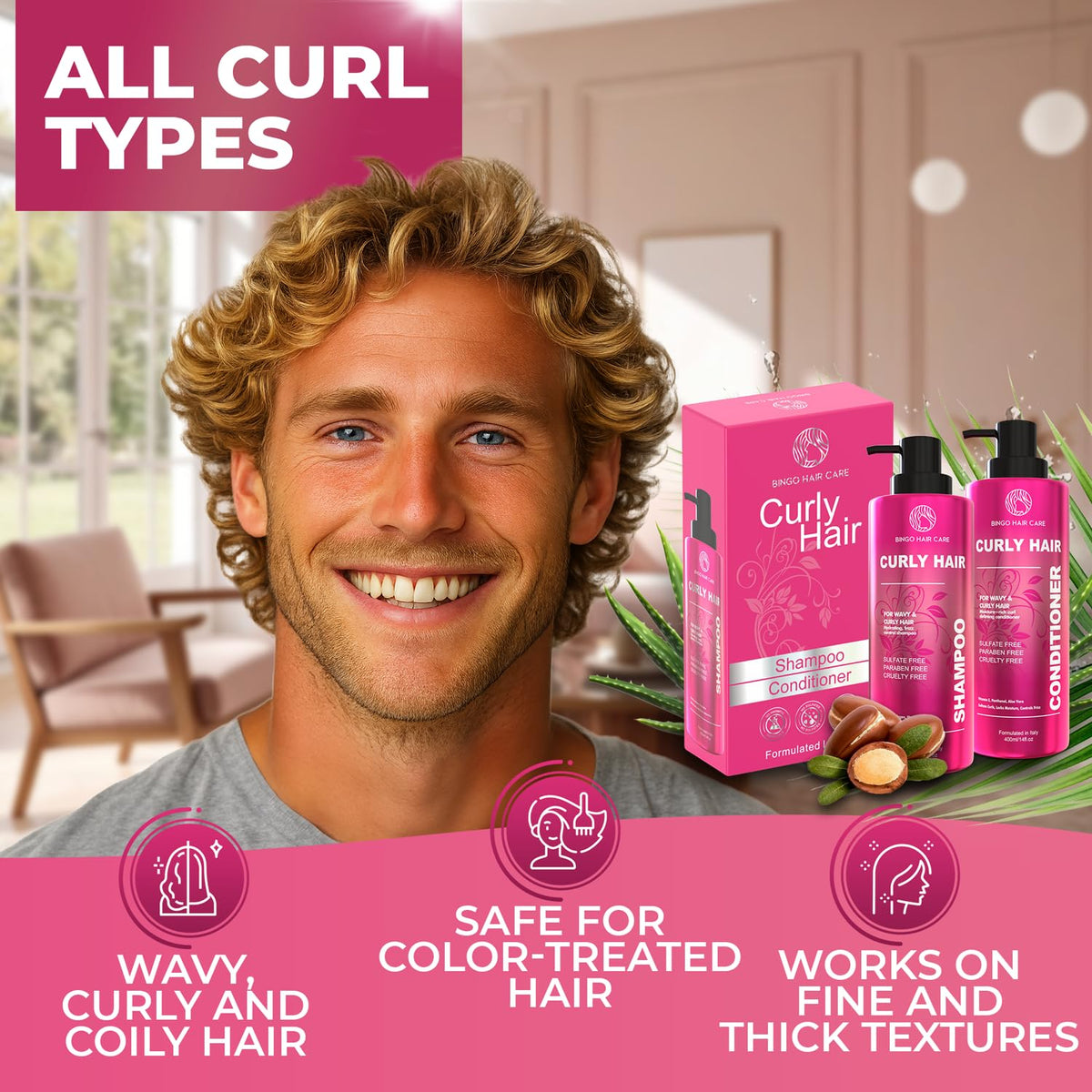 Bingo Hair Care soft, bouncy curls in motion illustrating moisture delivery.