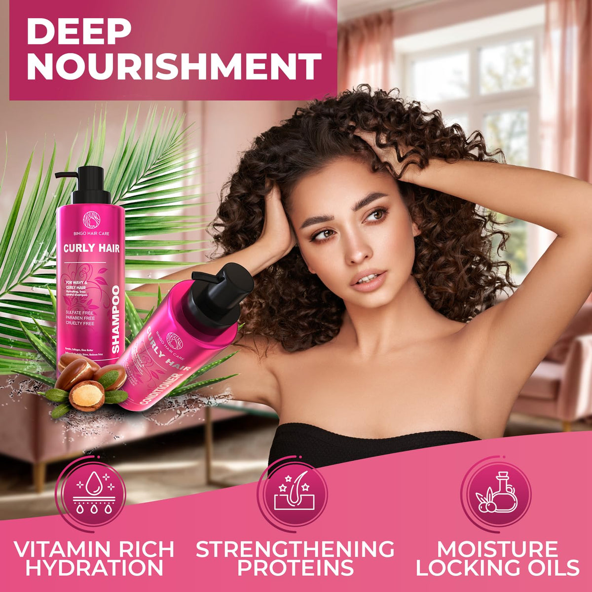 Bingo Hair Care sulfate-free label emphasizing gentle cleansing for curly hair.