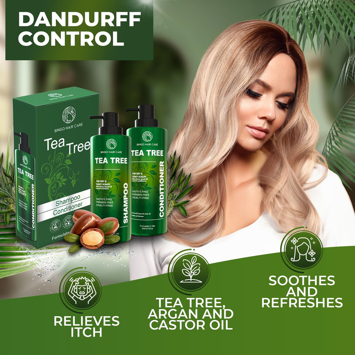 BINGO HAIR CARE Tea Tree Conditioner bottle delivering smooth detangling and moisture.