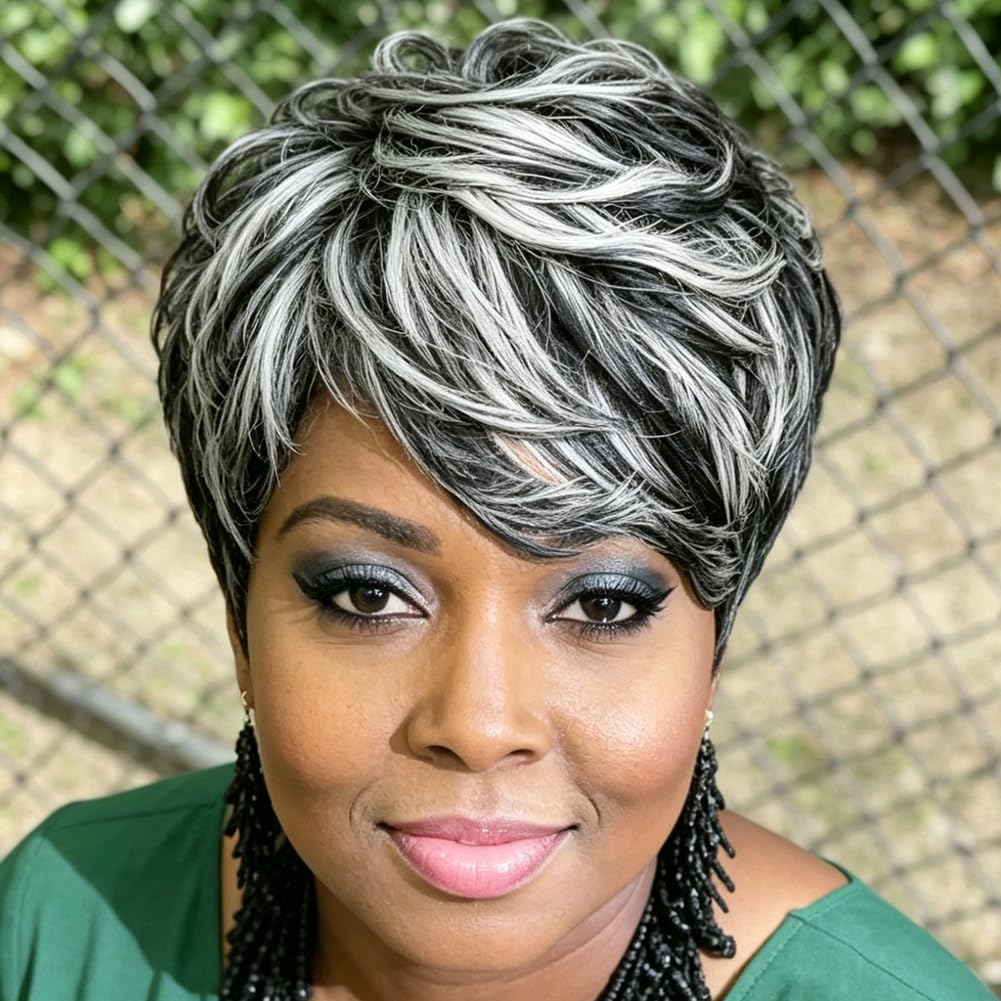 BingSing Pixie Cut Wig in ombre grey for a chic, low-maintenance look.