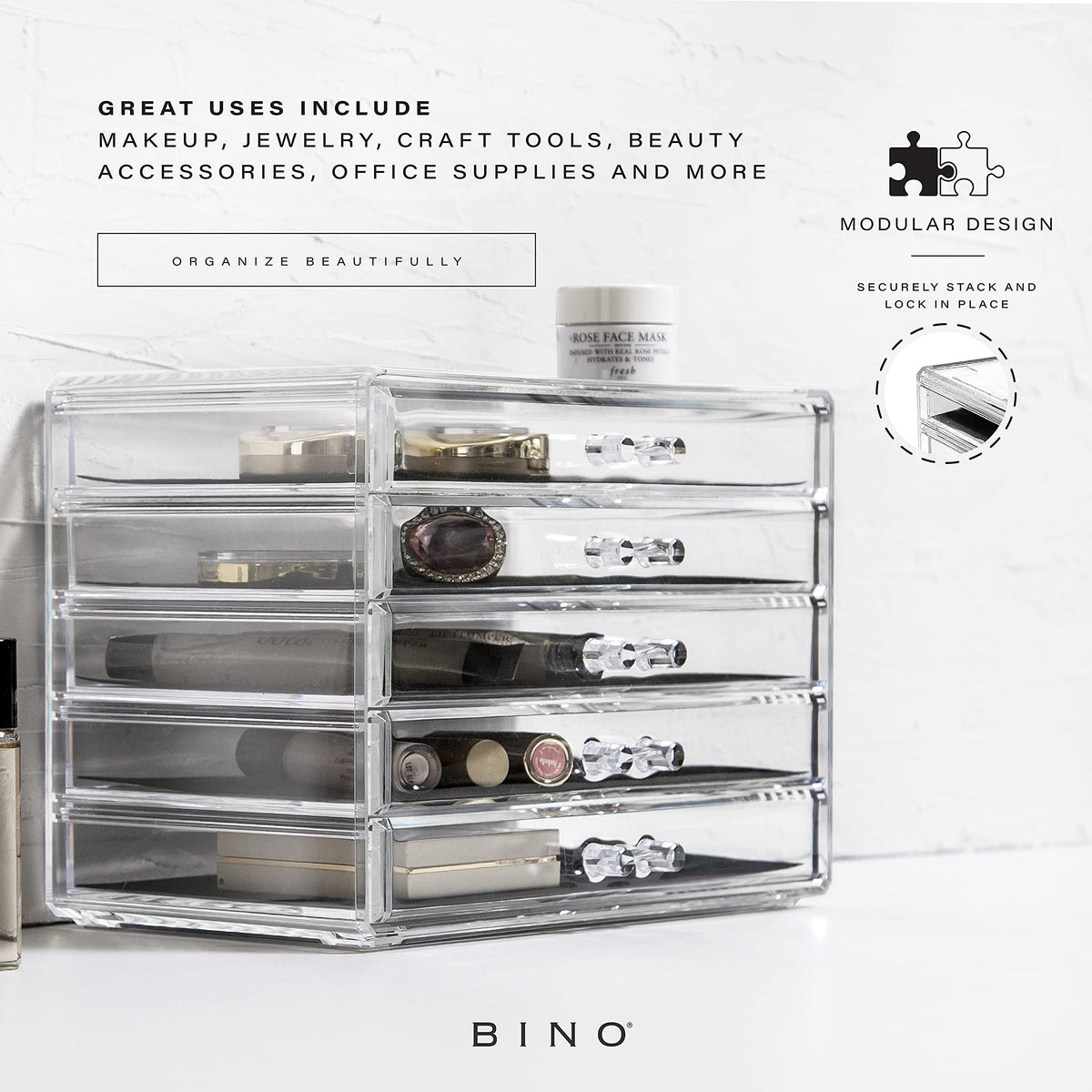 BINO Manhattan stackable interlocking design enables customizable storage.