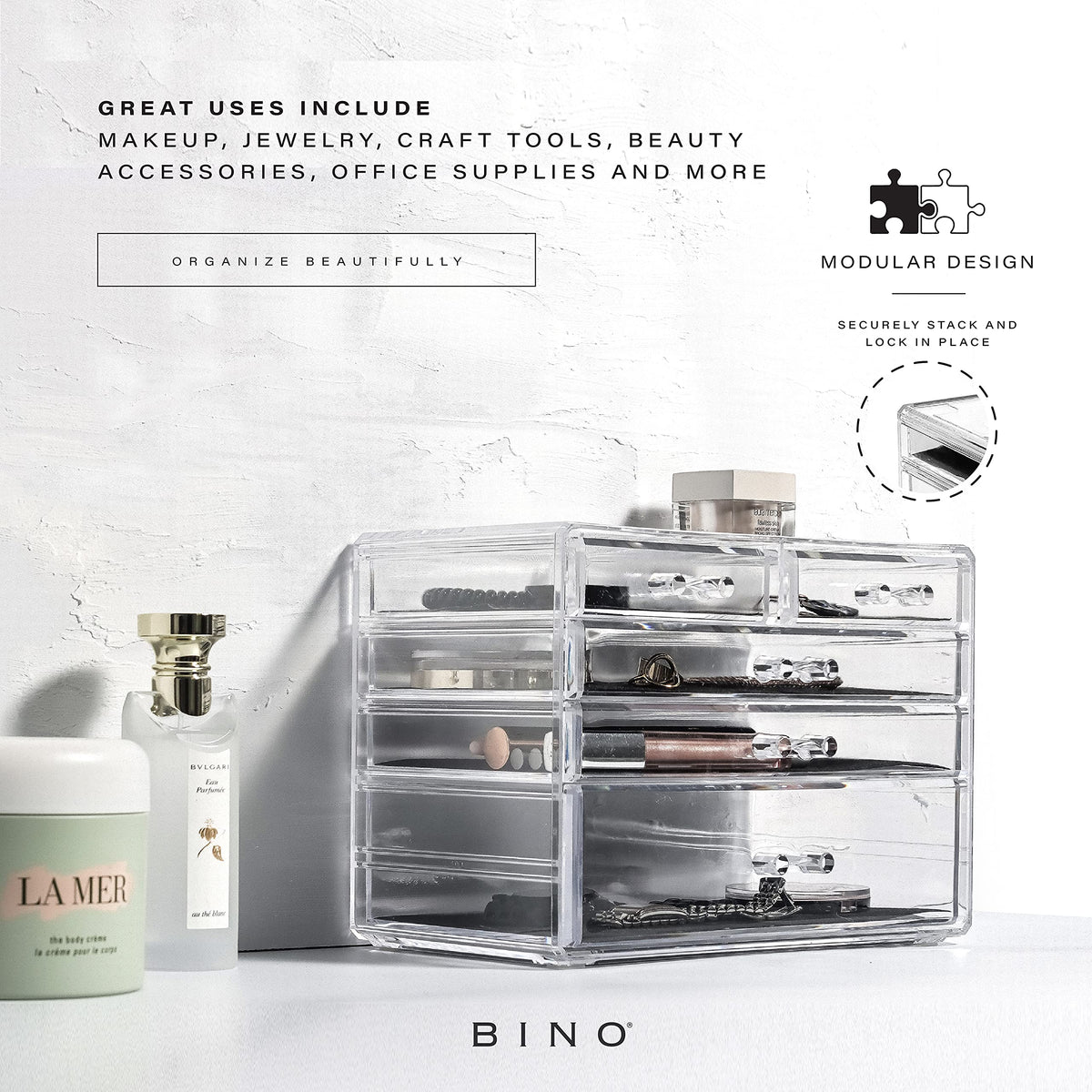 Removable mesh padding protects accessories in the vanity organizer.
