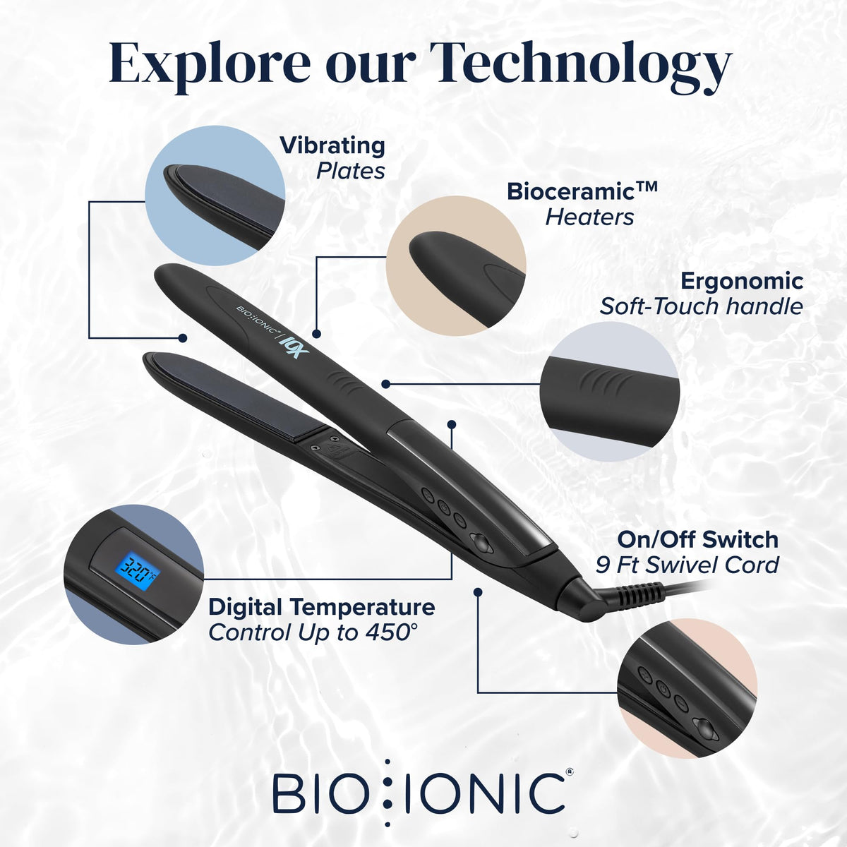 Bio Ionic 10X Styling Iron rounded barrel enables versatile waves or straight styles.