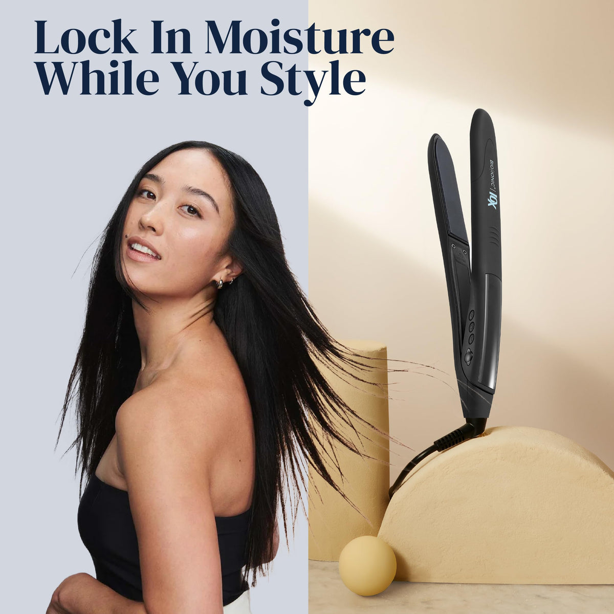 Bio Ionic 10X Styling Iron universal voltage and swivel cord for travel-ready styling.
