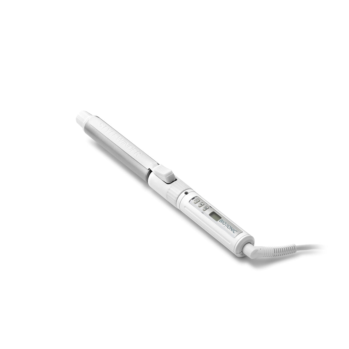 Bio Ionic Stylewinder rotating-barrel-angle for effortless curls and waves with simple clamp wrap roll technique.