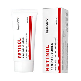 Bio Mystery Retinol Gel tube close-up for targeted wrinkle care.