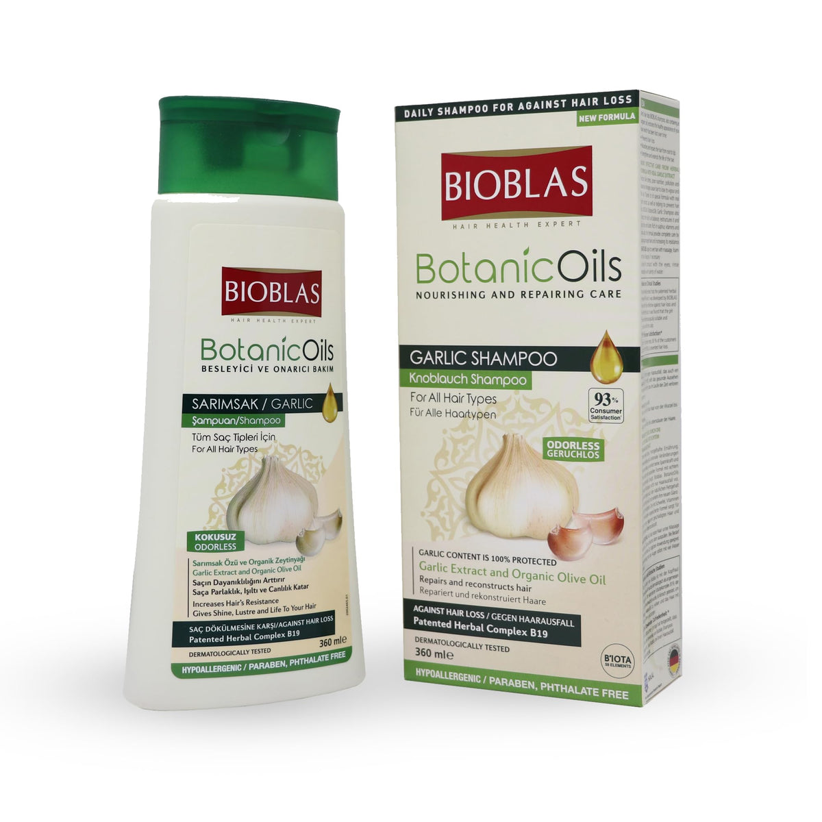 BIOBLAS Garlic Shampoo bottle clarifying for clean scalp and refreshed hair.
