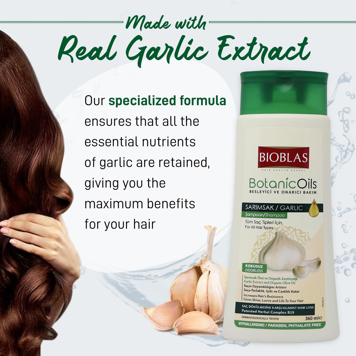 BIOBLAS Garlic Shampoo packaged-product display conveys premium odorless formula.