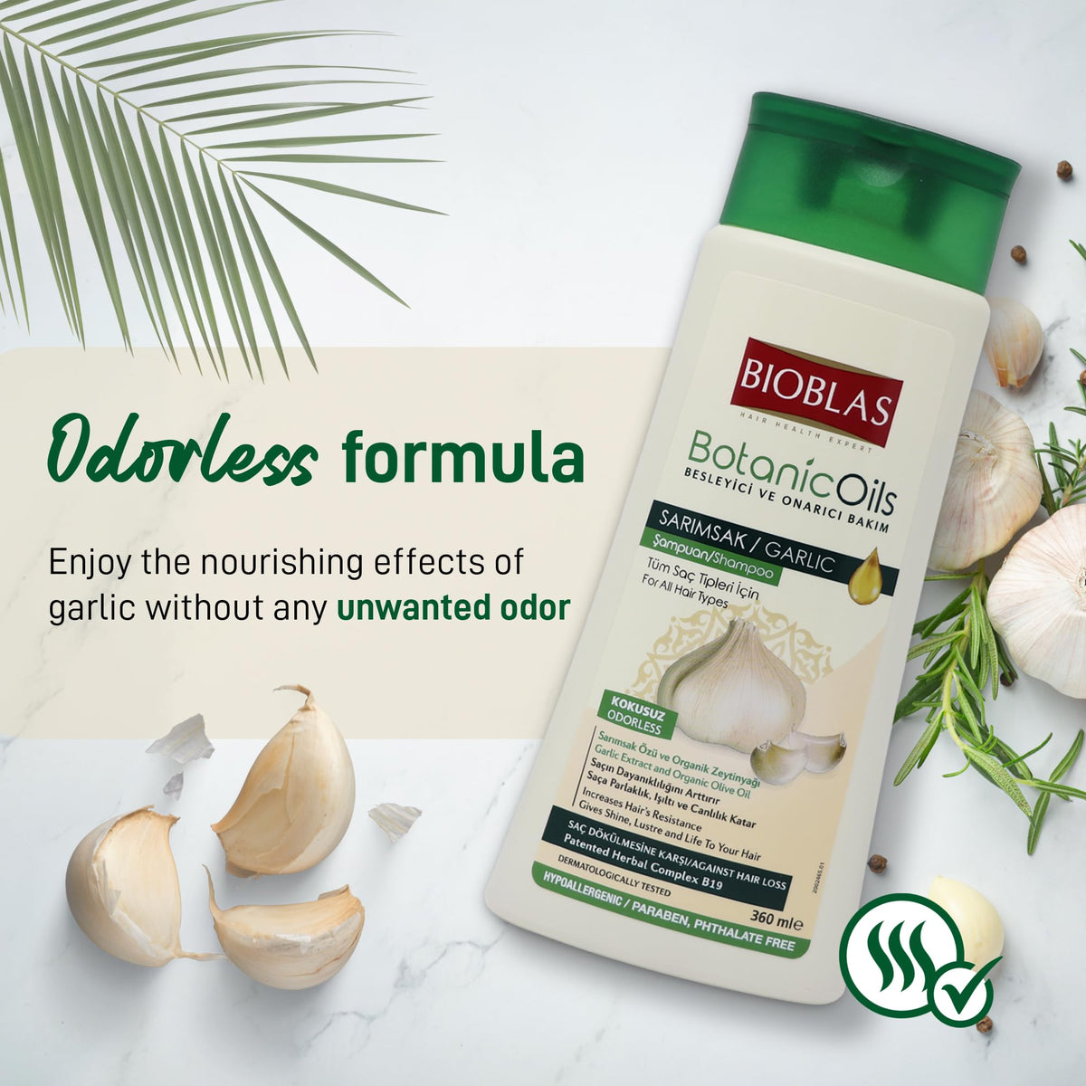 BIOBLAS Garlic Shampoo scalp-massage scene highlights revitalization and comfort.